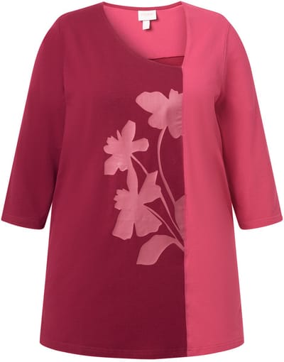 Ulla Popken - Dames - Shirt bloemen V-hals 3/4-mouwen biologisch katoen - Donker kersenrood - Maat 42+