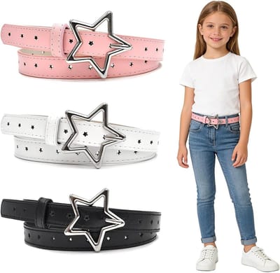 Verstelbare PU Leren Ceintuur voor Meisjes met Ster Buckle, Dunne Riem voor Jeans, Jurken en Schooluniformen - Verkrijgbaar in Zwart, Wit en Roze