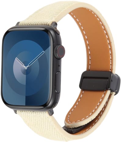 Hybride bandje leer + denim - geschikt voor Apple Watch 1/2/3/4/5/6/7/8/9/10/11/ SE (1,2,3) met maat 38 mm / 40 mm / 41 mm en 42 mm (Watch 10/11) - magneetsluiting - beige