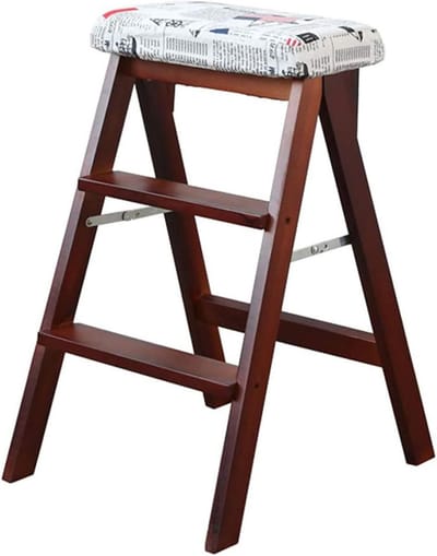 Houten Opstapje - Keukenladder Stoel - Extra Hoogte Bereiken - Opvouwbaar Ontwerp - 3 Treden - Walnootkleur