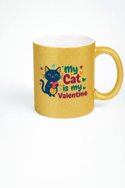 Gouden Glitter Mok 'My Cat is My Valentine' - Uniek Valentijnscadeau voor Kattenliefhebbers