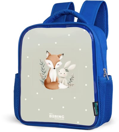NoBoringSuitcases.com® - Rugzak blauw - Schooltas jongens - Vos en konijn omringd door groene blaadjes en stippen - Kinder rugtas jongen - Boekentas kind - Kinderrugzak voor school - Schoolrugzak