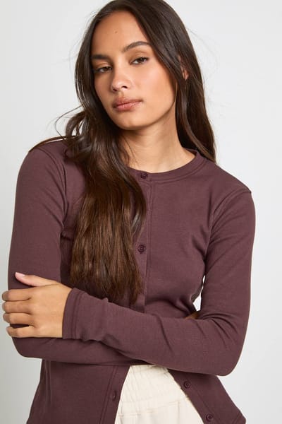 boohoo Dames Geribbelde top met knoopsluiting en lange mouwen | Chocolate | Maat: 6