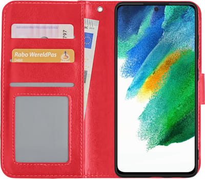 Hoesje Met Pasjeshouder - Geschikt voor Samsung Galaxy S21 FE - Luxe Bookcase Portemonee - Flip Case - Kunstleer Book Case - Flipcase - Book Cover - Walletcase - Portemonneehoes - Donkerroze