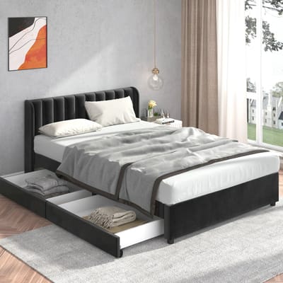 VVBV Tweepersoonsbed 160x200 cm Bed met Laden Gestoffeerd Bed Volwassene Met Boxspringrug 2 Laden Zwart