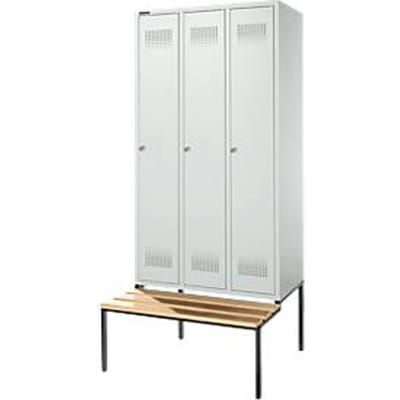 Schäfer Shop Genius Kledinglocker met zitbank, 3 compartimenten, 300 mm compartimentbreedte, cilinderslot, lichtgrijs/lichtgrijs