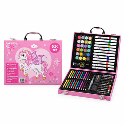 Tekenset met acrylmarkers en aquarelstiften - 88-delig - Variant roze paard - Geschenkset voor scholieren