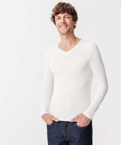 Damart - T-shirt met V-hals en lange mouwen fijn ribgebreid Thermolactyl Sensitive - Heren - Wit - (86-93) S