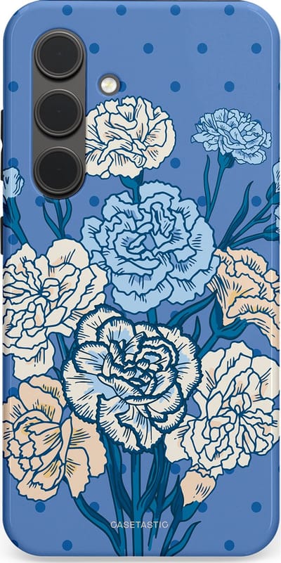 Casetastic hoesje geschikt voor Samsung Galaxy S24 - Dubbellaagse bescherming - Anjer boeket - Fashion Case - Lavendel Lichtblauw Zilver