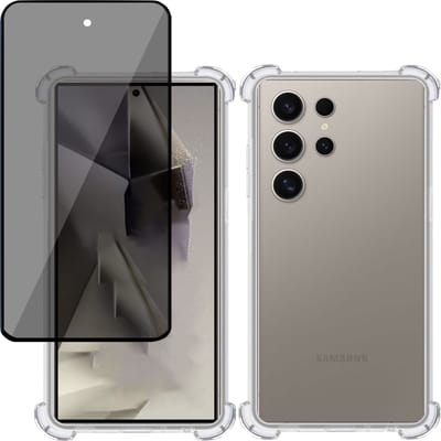 Hoesje + Privé Screenprotector geschikt voor Samsung Galaxy S24 Ultra – Privacy Tempered Glass - Case Transparant