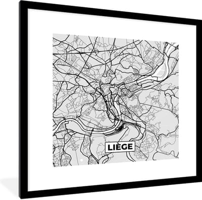 Fotolijst incl. Poster Zwart Wit- Stadskaart – Plattegrond – België – Zwart Wit – Liège – Kaart - 40x40 cm - Posterlijst