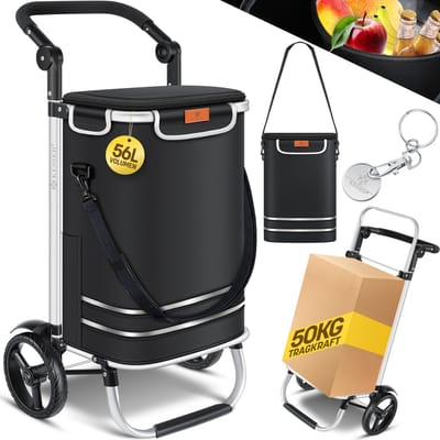 KESSER® Boodschappentrolley met koelvak - Boodschappenwagen 56 liter - Steekwagen functie draagkracht tot 50 kg Opvouwbare Boodschappenkar - Zwart