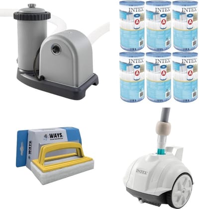 WAYS - Zwembad Onderhoud - 6x Zwembad verwarming & Filterpomp 5678 L/u & 6 Filters Type A & WAYS Scrubborstel