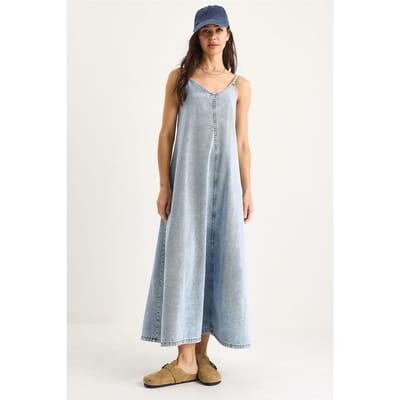 Maxi V-hals Denim Jurk met Knopen Sluiting