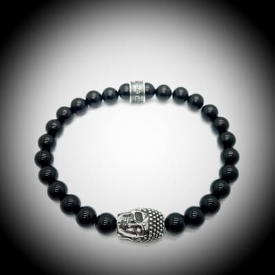 Natuursteen Armband met 925 Sterling Zilver Skull / Buddha / Boedha Bedel van 13 gram Zilver , Handgemaakte Edelsteen Armband met 8mm (Blinkend Onyx) kralen .