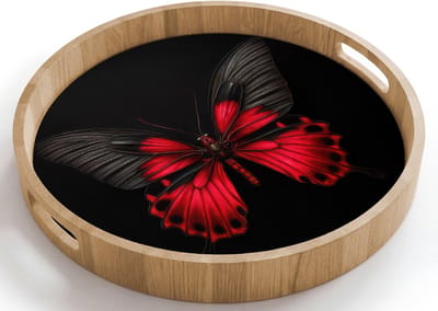 Dienblad rond 40x40 cm - Schootdienblad hout - Vlinder - Rood - Contrast - Borrelplank rechthoek - Plateau houten dienbladen