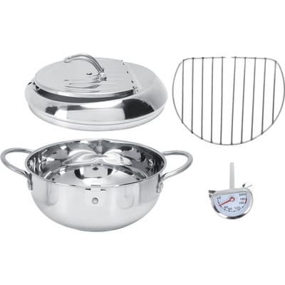 Friteusepan Roestvrij Staal Met Thermometer Olie Drip Afdruiprek Multifunctioneel Afneembaar Deksel L white