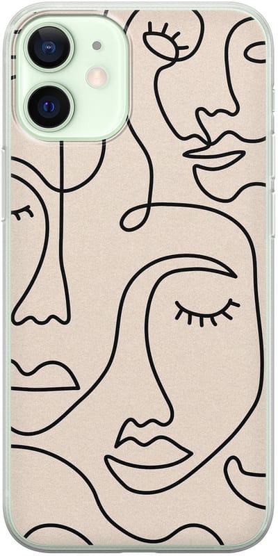 Leuke Telefoonhoesjes - Geschikt voor iPhone 12 Mini - Abstract gezicht lijnen - Soft case - TPU - Beige