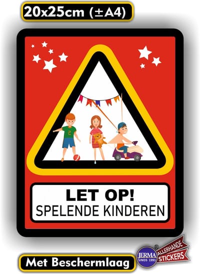 Jerma - Let op! Spelende Kinderen Sticker – Weerbestendig - Vinyl - 20 x 25 cm - Zelfklevend -