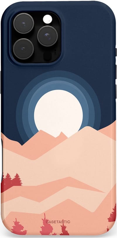 Casetastic hoesje geschikt voor Apple iPhone 16 Pro Max - MagSafe - Dubbellaagse bescherming - Bergen bij maanlicht - Fashion Case - Zwart Perzik Zand Koraal