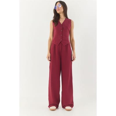 V-hals Vest en Wijde Pantalon Twee-delige Coord Set