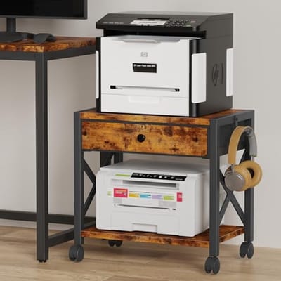 2-Tier Desktop Printer Stand met Grote Lade - Onder Bureau Printer Tafel met Wielen, Kleine Printer Plank voor Papier Opslag - Thuiskantoor - Rustiek Bruin