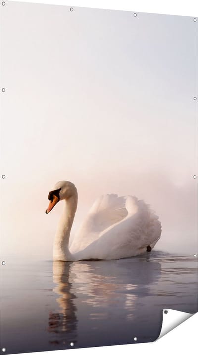 Gards Tuinposter Zwaan in het Water tijdens de Mist - 120x180 cm - Tuindoek - Tuindecoratie - Wanddecoratie buiten - Tuinschilderij