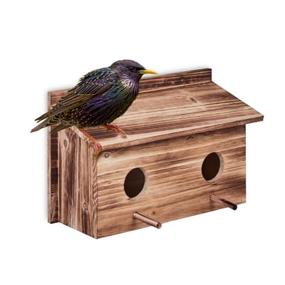 nestkast spreeuw - hout - 2 invliegopeningen 5 cm - zitstokken - hangend