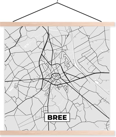 Posterhanger incl. Poster 40x40 cm - Schoolplaat - Zwart Wit – België – Plattegrond – Stadskaart – Kaart – Bree - Textielposter - Blanke latten - Stadskaart