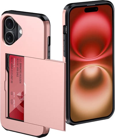 Hoes Geschikt voor iPhone 16 Plus Hoesje Pasjeshouder Hard Cover Shock Proof Hard Case Hoes Met Kaarthouder - Rosé goud