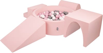 KiddyMoon schuimspeelplaats met rond ballenbad (200 ballen) ballenbakken voor baby's speelbad hindernisbanen, made in the eu, roze:wit/grijs/poederroze