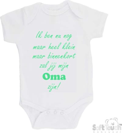 100% katoenen Romper "Ik ben nu nog maar heel klein maar binnenkort zal jij mijn oma zijn!" Unisex Katoen Wit/mint Maat 62/68