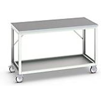 Bott verso verrijdbare werkbank, linoleumblad, 1 plank, met kruisschoorset, B 1500 x D 800 x H 930 mm, RAL 7035 lichtgrijs