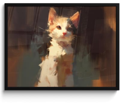 Poster in lijst - Fotolijst 70x50 cm - Posters - Kat - Geschilderd - Artistiek - Wit - Posterlijst zwart - Decoratie - Wanddecoratie woonkamer - Muurdecoratie slaapkamer