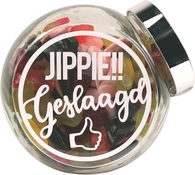 Geslaagd cadeau - Examen cadeau - Snoeppot winegums "Jippie Geslaagd", examen - geslaagd cadeautje - snoepcadeautje - gevuld met winegum snoep mix