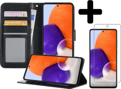 Hoesje - Met Screenprotector - Geschikt voor Samsung Galaxy A72 5G - Luxe Pasjeshouder - Bookcase Portemonee - Flip Case - Kunstleer Book Case - Flipcase - Book Cover - Walletcase - Portemonneehoes - Telefoonhoesjes - Zwart