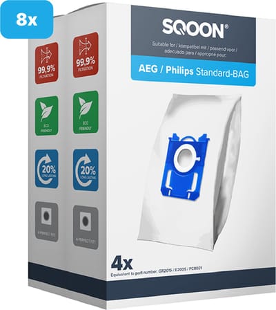 SQOON® Stofzuigerzakken - Geschikt voor AEG (VX8.2 Silence, VX7, VX6, GR201S, GR201M), Philips (3000 Series, Power Go, Performer) en Electrolux (Standard Bag, XXL130, Ergospace) - Hoogwaardige Kwaliteit! - 8 stuks