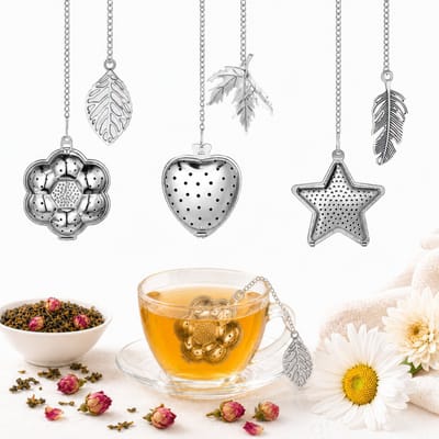 Set van 3 Stuks RVS Theefilters - Bloem, Aardbei, Uil & Ster - Theezeef voor Losse Thee en Kruiden - Tea Infuser\Strainer Giftset - Verse Thee filter\Zeef Cadeau Pakket - Kruidenbuiltje ei met Onderzetters - Geschenkset