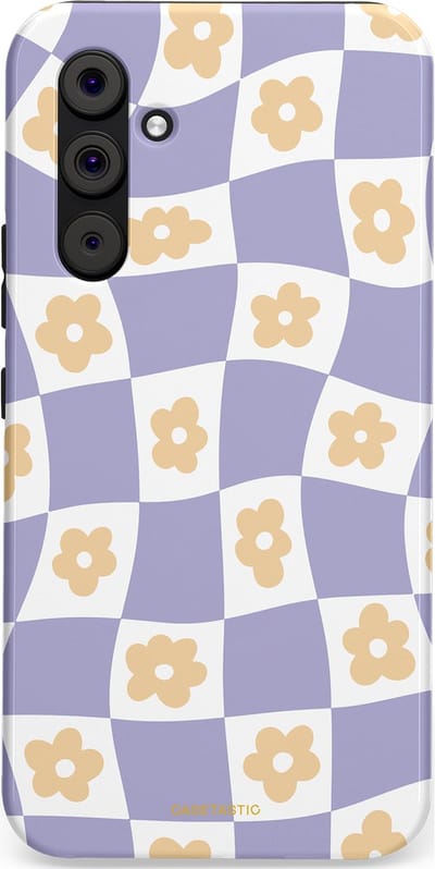 Casetastic hoesje geschikt voor Samsung Galaxy A54 (2023) 5G - Dubbellaagse bescherming - Kronkelende madeliefjes - Fashion Case - Lila Wit Zand Lichtgrijs