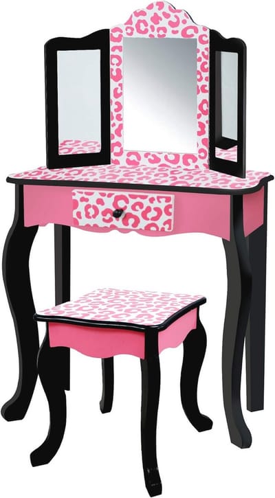 Houten Kaptafel voor Kinderen met Luipaard Print - Roze/Zwart