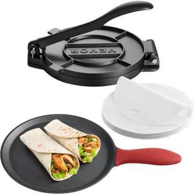 VEVOR Tortilla Press Taco Press (25 cm) Gemaakt van grijs ijzer, Robuuste Pataconera Maker met handvat en 100 stuks bakpapier, Deegpers voor tortilla's, Colombiaanse Pataconera Professionele Roti Maker