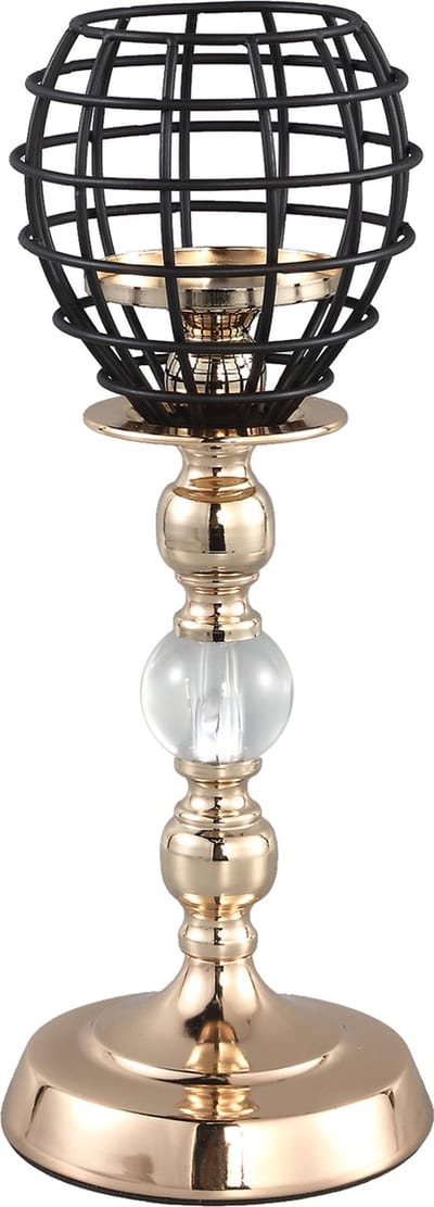 PTMD Giano metalen kandelaar windlicht goud met zwart kaarsenhouder - Gold metal glass candleholder black cup S