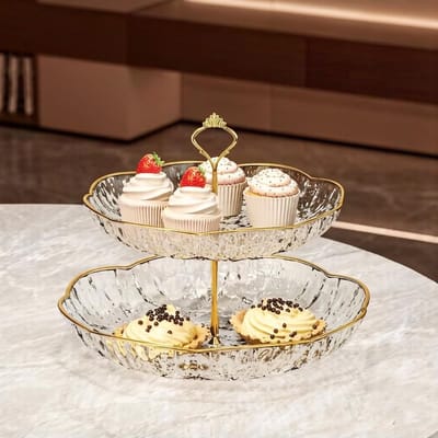 Dubbellaagse cupcakehouder - fruitschaal - herbruikbare plastic schaal - dessertpresentatieset - geschikt voor theekransjes - feesten - bruiloften - verjaardagen en feestdagen - afmeting 25 x 24 cm