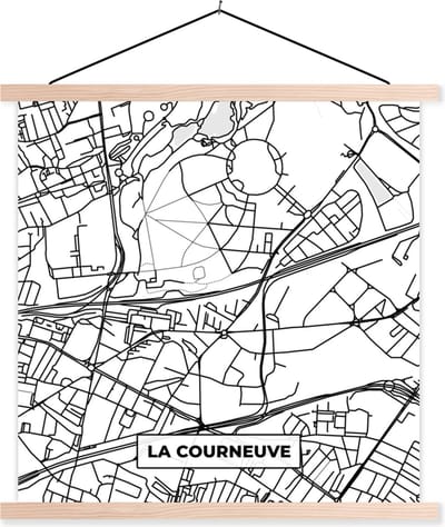 Posterhanger incl. Poster 40x40 cm - Schoolplaat - La Courneuve - Frankrijk - Kaart - Plattegrond - Stadskaart - Zwart wit - Textielposter - Blanke latten - Stadskaart