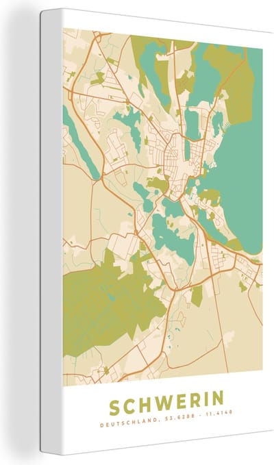 Canvas Schilderij Vintage - Stadskaart - Schwerin - Plattegrond - Kaart - 20x30 cm - Wanddecoratie