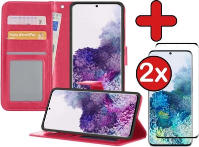 Hoesje - Met 2x Screenprotector - Geschikt voor Samsung Galaxy S20 - Luxe Pasjeshouder - Flip Case - Bookcase Portemonee - Kunstleer Book Case - Flipcase Hoes - Book Cover - Walletcase - Portemonneehoes - Telefoonhoes - Donkerroze
