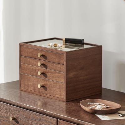 Zwarte Walnoot Sieradenbox, Klassieke 6-Lagen Organizer met Glazen Deksel en Lades voor Horloge, Kettingen, Ringen en Oorbellen, Perfect Cadeau voor Haar