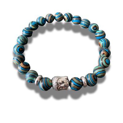 Armband - natuursteen - blauwe malachiet - zilverkleurige elementen - buddha hoofd - boedha - 20 cm 8 mm