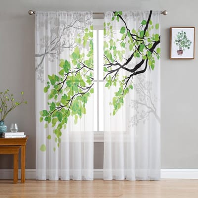 Groene Takken Plant Bladeren Tule Gordijnen voor Woonkamer Slaapkamer Decoratie Transparant Chiffon Sheer Voile Raamgordijn 1 PCS W100XH250cm&Grommet Top white