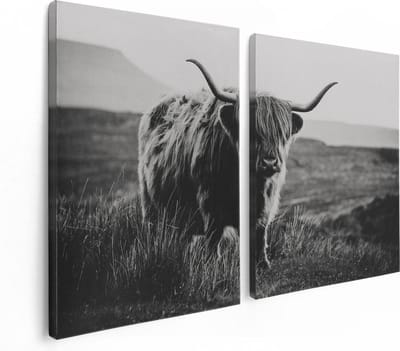 Artaza Canvas Schilderij Tweeluik Schotse Hooglander Koe - Zwart Wit - 120x80 - Foto Op Canvas - Canvas Print